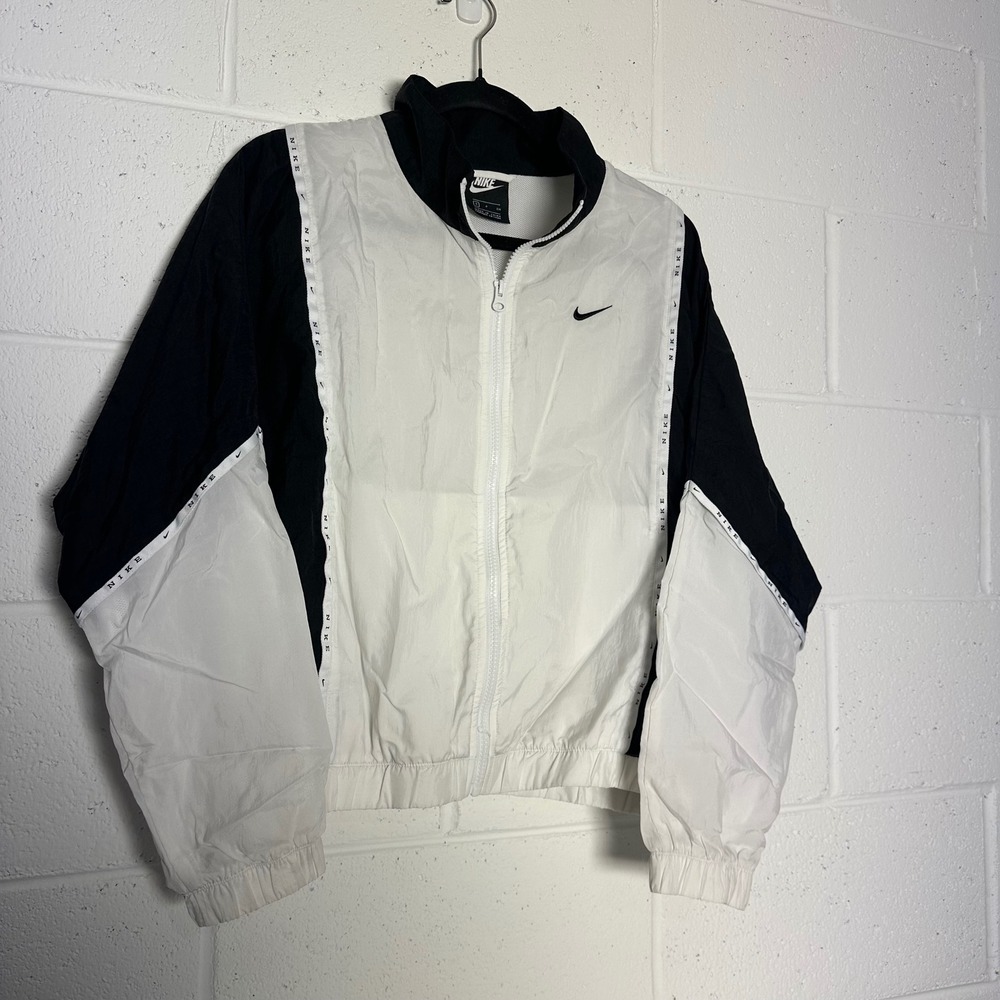 Nike Womens Sportswear Windbreaker Jacket Black‎ White Logo Tape Spellout Small - Picture 3 of 5